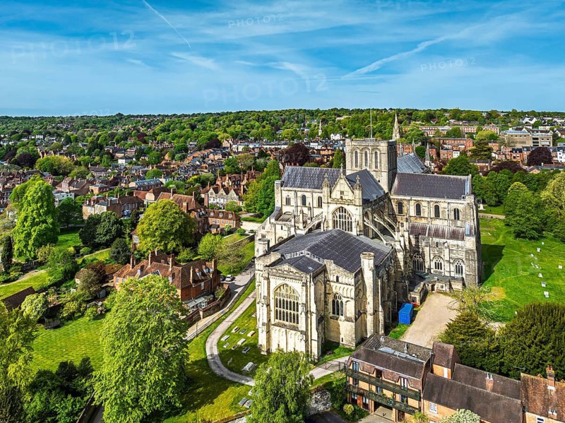 Winchester Cathedral from a drone, Winchester, Hampshire, England, United Kingdom