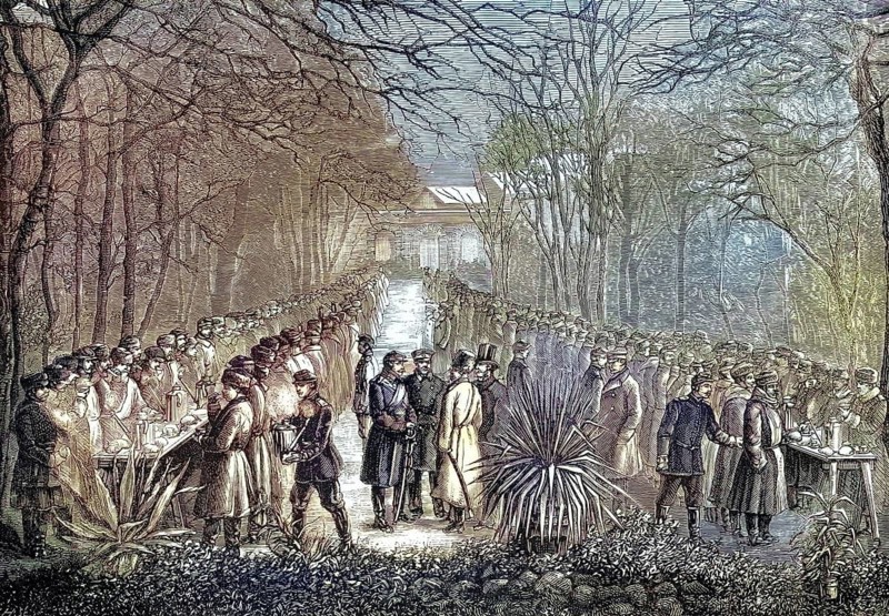 Russian troops being entertained in Tiflis in front of their departure, Russo-Ottoman War (1877–1878) . Before the Russian regiments marched off to the front in the South Caucasus to fight against the Ottoman Empire, they were treated to a ceremonial feast in the stately gardens of the imperial palace or the governor's residence, illustration, reproduction of a 19th-century original. Authentic, file restored for optimal use, exact date of the original unknown, historical, nostalgically coloured