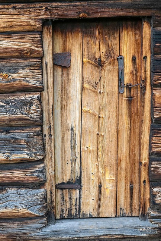 Door of a traditional wooden hut, Alvdal, Hedmark, Innlandet, Norway, June 2026