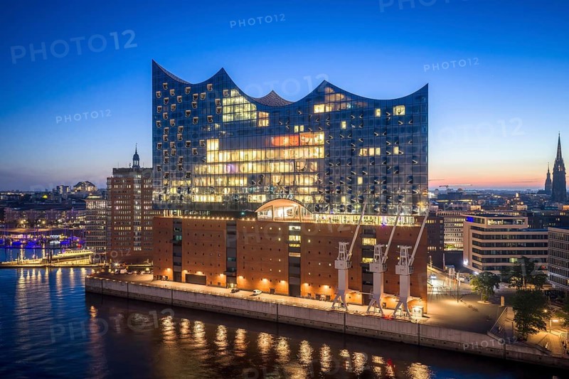 Aerial view of sunrise on the Elbe with Elbe Philharmonic Hall, Hamburg, Germany