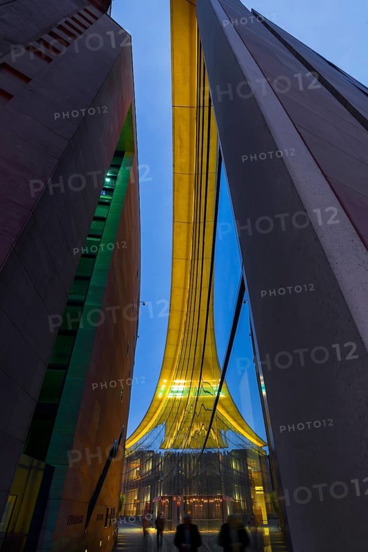 Reflection in the façade of the State Museum of Art and Design at dusk, Nuremberg, Middle Franconia, Bavaria, Germany