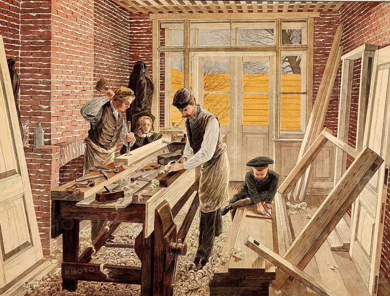 Workshop in which carpenters use woodworking tools such as planers and chisels, around 1900, Holland, school picture, illustration, reproduction from a model from the 19th century. School picture, mural, authentic, file restored for optimal use, exact date of original unknown, historical