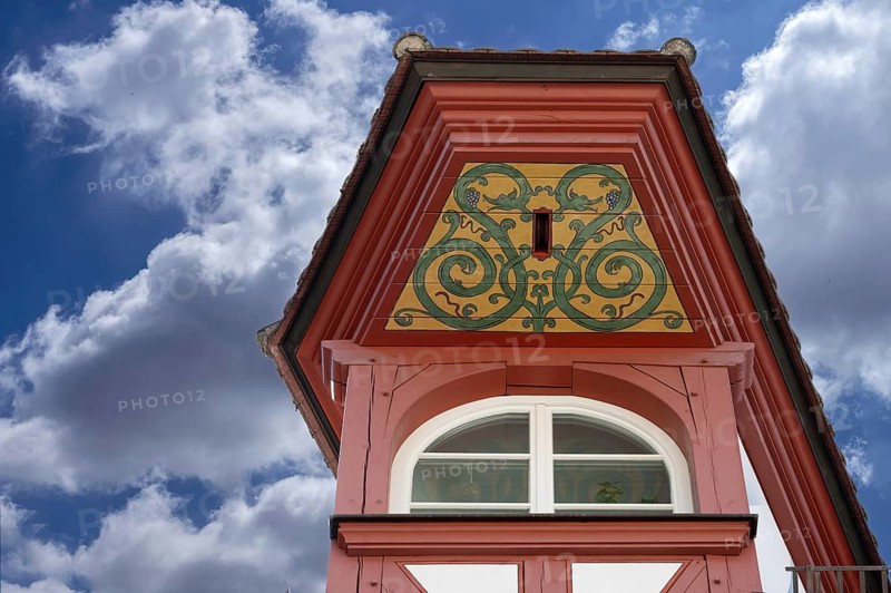 Detail, historic roof lift service, Weißgerbergasse 29, Nuremberg, Middle Franconia, Bavaria, Germany