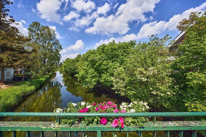 Niers river, car bridge and footbridge, metal railing, riverbank, flower box, trees, blue sky, cumulus clouds, Achter de Stadt, Wachtendonk, Kleve district, North Rhine-Westphalia, Germany