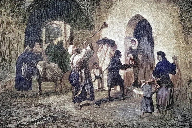Street scene in which a dervish blows a trumpet or a long horn to demand donations, handouts for Ramadan from local residents, reproduction of a model from the 19th century. Authentic, file restored for optimal use, exact date of original unknown, nostalgically colored