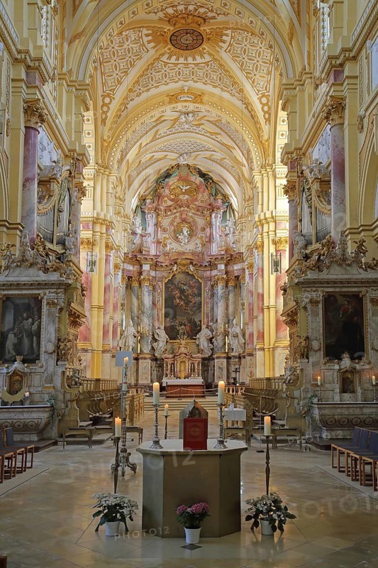 Baroque monastery church with altar, handicraft, interior view, former Cistercian abbey, monastery, Ebrach, Steigerwald, Lower Franconia, Franconia, Bavaria, Germany