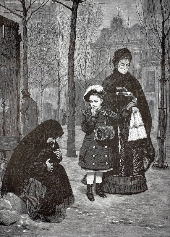 A poorly dressed, cold woman sits on the floor and protectively holds her small child in her arms. An elegantly and warmly dressed young girl from a good family looks down on the begging family with compassion or thought. A wealthy lady, presumably the girl's mother or governess, stands upright by and takes coins from her wallet to give them, reproduction from a 19th-century model. Authentic, file restored for optimal use, exact date of submission unknown