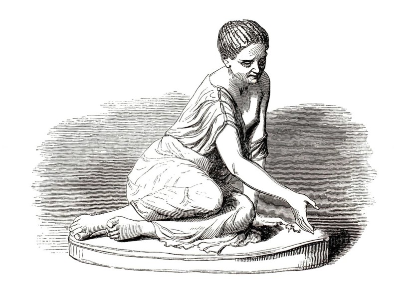 A player of the game of knucklebones, a young girl or a nymph, sitting on the ground and playing the ancient game of skill known as Astragal (knucklebones) . She is throwing or collecting small ankle bones from sheep or goats, illustration, reproduction of a 19th-century original. Authentic, file restored for optimal use, exact date of the original unknown, historical