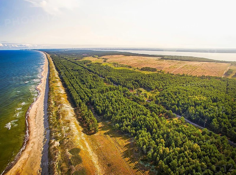 Overhead aerial view Baltic Sea Curonian Spit nature, UNESCO World Heritage Site. Lithuania