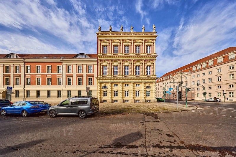 Residential building, historic town house, architect Georg Christian Unger, corner building, general architecture, facade with windows, street, parking strip with cars, blue sky, cumulus clouds, cirrus clouds, intersection Breite Straße with Dortustraße, Potsdam, state capital, district-free city, Brandenburg, Germany