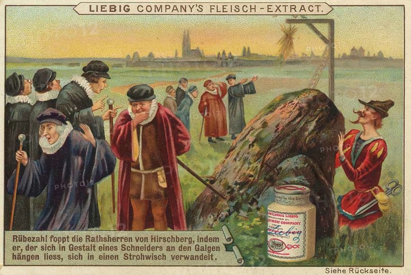 Picture series Sagen, Rübezahl plays tricks on the councilmen of Hirschberg. He apparently had himself hanged on the gallows in the form of a tailor, Liebigbild, digitally restored reproduction of a collector's painting from around 1900, exact date unknown