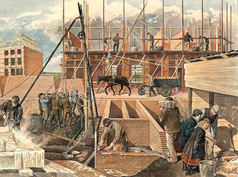 Construction site with numerous workers around 1910, various traditional crafts, including masons and carpenters working together on the construction of a building, school picture, illustration, reproduction from a model from the 19th century. School picture, mural, authentic, file restored for optimal use, exact date of original unknown, historical