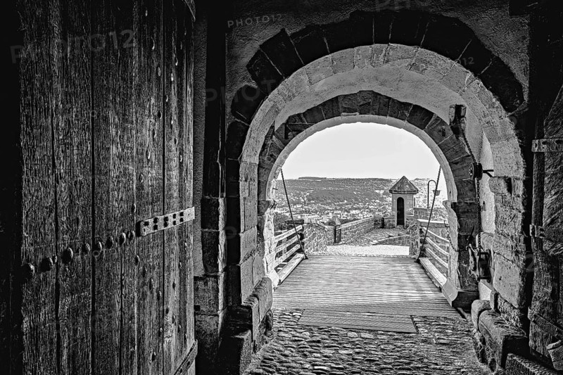 Old castle gate in black and white with a view of the countryside, The Wartburg near Eisenach in Thuringia