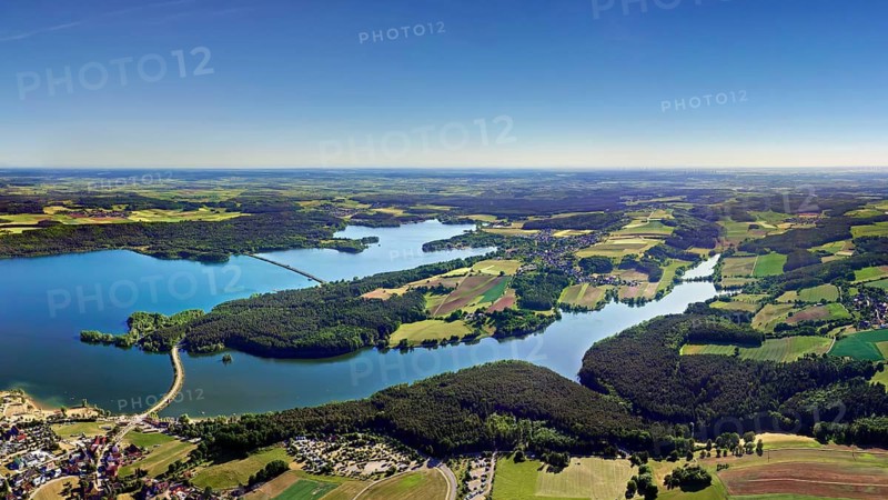 Aerial view, left Großer Brombachsee, right back Kleiner Brombachsee, right front Igelsbachsee, behind peninsula with Griesbruck and Markt Absberg, left in front Enderndort am See, reservoir, still water, surrounding area, recreation area, Weissenburg-Gunzenhausen district, Middle Franconia, Franconia, Bavaria Germany