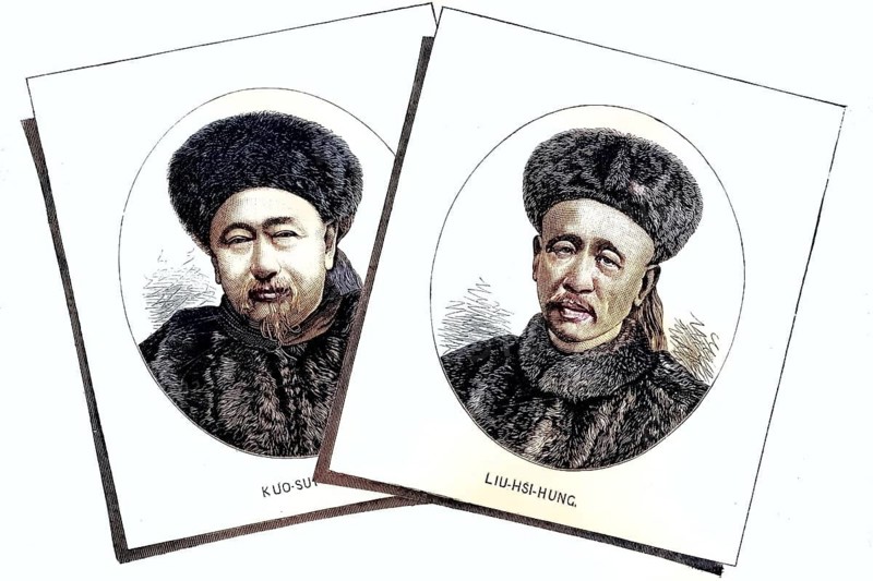 Liu Xihong, also known as Liu Hsi-hung, a Chinese diplomat of the late Qing Dynasty, and Guo Songtao (1818–1891), the first envoy of the Chinese Empire to Great Britain and, at the same time, the first permanently accredited Chinese envoy to a Western country, illustration, reproduction of a 19th-century original. Authentic, file restored for optimal use, exact date of the original unknown, historical, nostalgically coloured