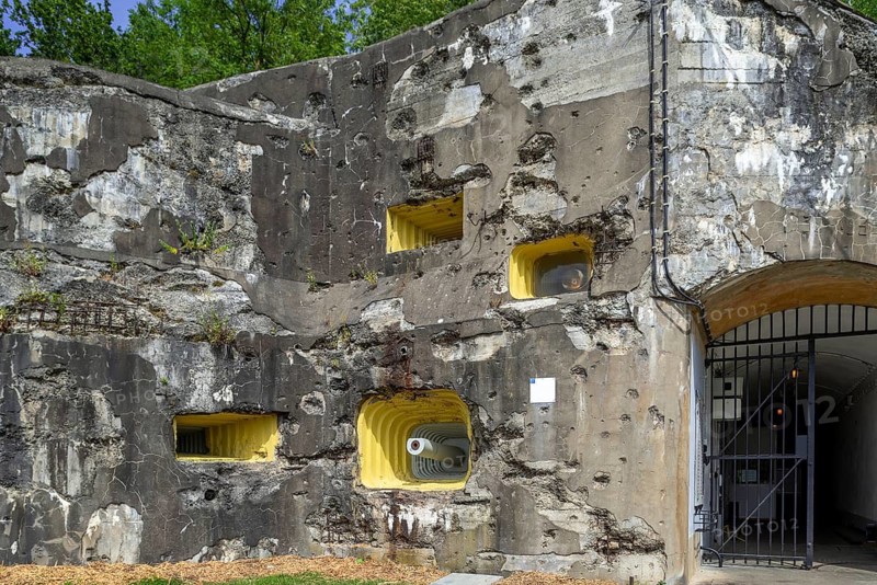Battle-scarred entrance of Fort Eben-Emael, Belgian WW2 fortress neutralized by German paratroopers during the Second World War Two in Belgium