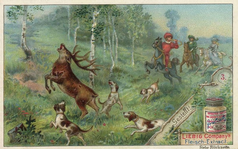 Picture series The Hunt, scene showing the highlight of a successful hunt, deer, picture of love, digitally restored reproduction of a collector's painting from around 1900, exact date unknown