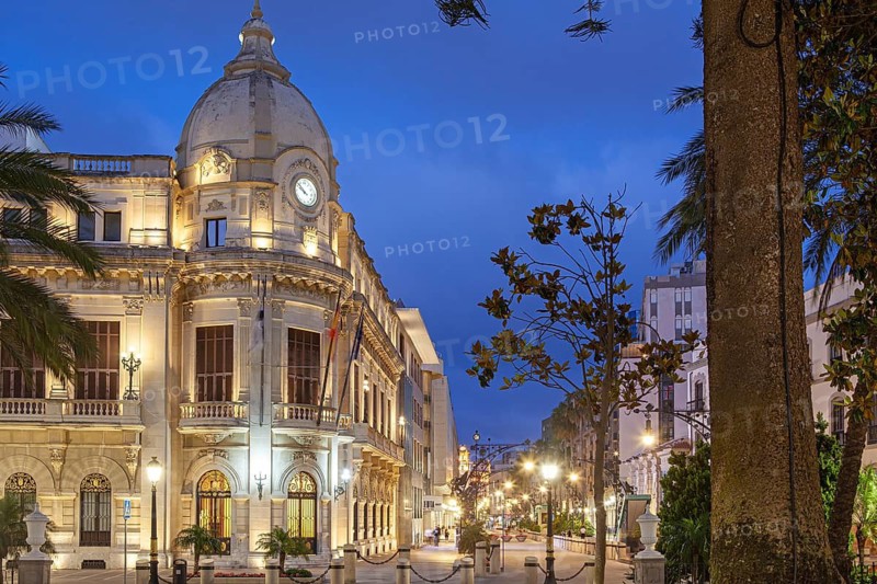 Night view of the Assembly palace at the historic centre of Ceuta, Spain, North Africa