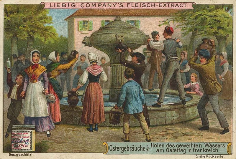 Picture series Easter traditions, fetching consecrated water on Easter Day in France, picture of love, digitally restored reproduction of a collector's painting from around 1900, exact date unknown