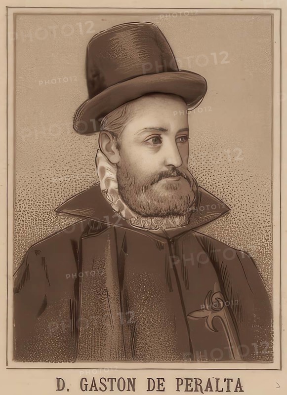 Gaston de Peralta, Marquis (marquez) of Falces, Count (conde) of Santibestan de Lerin, (* around 1510 in Pau, Navarre, today in France, died 1580 in Valladolid, Spain) was a Spanish officer and colonial administrator who also briefly served as Viceroy of New Spain, school picture, authentic reproduction of a school mural, around 1900, exact date unknown, Historical