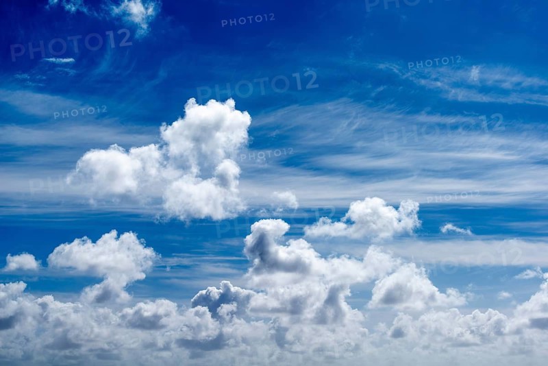 Fantastic blue sky with white clouds over the Schleswig-Holstein Wadden Sea National Park, North Frisia, cumulus (Cu) cumulus clouds, fair weather clouds, altostratus, cirrus, feather wakes, high pressure area, Schleswig-Holstein, Germany