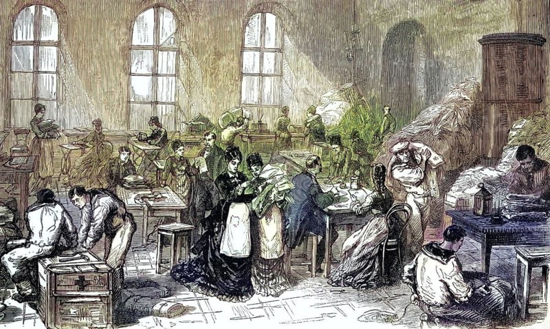 Ladies of the St Petersburg aristocracy preparing bandages and suture thread for the armies in the field in 1877 during the Russo-Turkish War, Russo-Turkish War (1877–1878), Illustration, reproduction of a 19th-century original. Authentic, file restored for optimal use, exact date of the original unknown, historical, nostalgically coloured