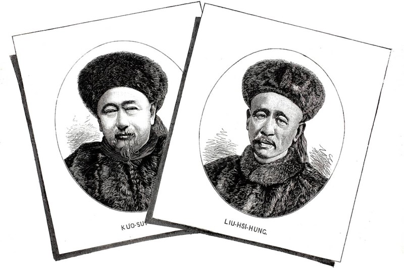 Liu Xihong, also known as Liu Hsi-hung, a Chinese diplomat of the late Qing Dynasty, and Guo Songtao (1818–1891), the first envoy of the Chinese Empire to Great Britain and, at the same time, the first permanently accredited Chinese envoy to a Western country, illustration, reproduction of a 19th-century original. Authentic, file restored for optimal use, exact date of the original unknown, historical