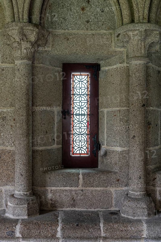 Stained glass windows in the cloister in the medieval Mont Saint Michel Abbey, Pontorson, Manche department, Normandy, France