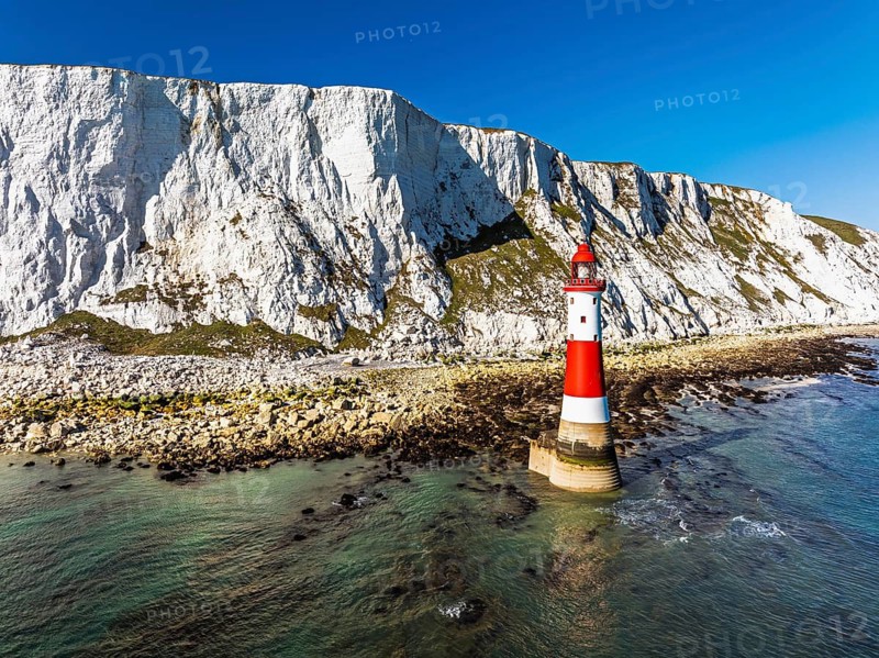 Beachy Head Lighthouse from a drone, Beachy Head Cliffs, English Channel, East Sussex, England, United Kingdom