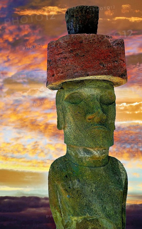 Moai statue with hat on Rano Raraku, Easter Island, sunset, Chile