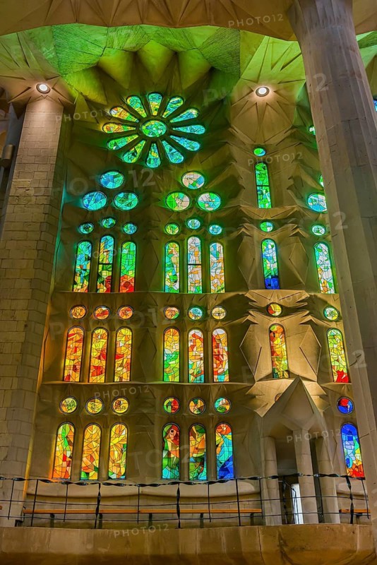 Interior view of the Familia Sagrada by the architect Antonio Gaudi in Barcelona, Spain