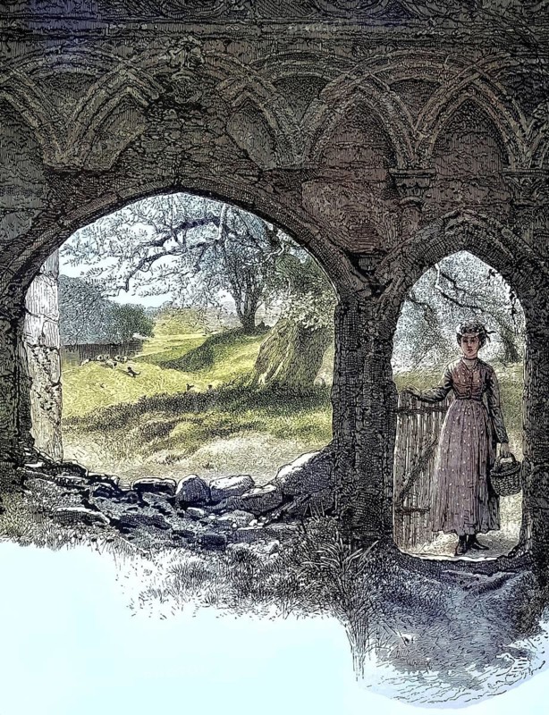 Bolton Abbey doorway, ruin of a medieval priory near the village of Bolton Abbey in the northern English administrative unit East Riding of Yorkshire, England, illustration, reproduction from a 19th century model. Authentic, file restored for optimal use, exact date of original unknown, historical, nostalgically colored