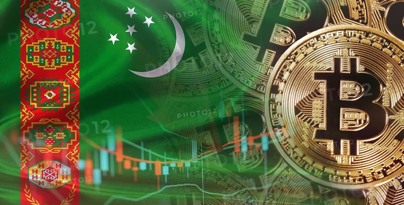 Bitcoin cryptocurrency with Turkmen flag. Investors in Blockchain Technology with Turkmenistan flag background