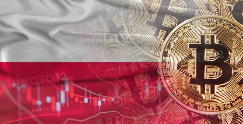 Bitcoin cryptocurrency with Poland flag, Investors in Blockchain Technology. Polish flag with Bitcoins in the background