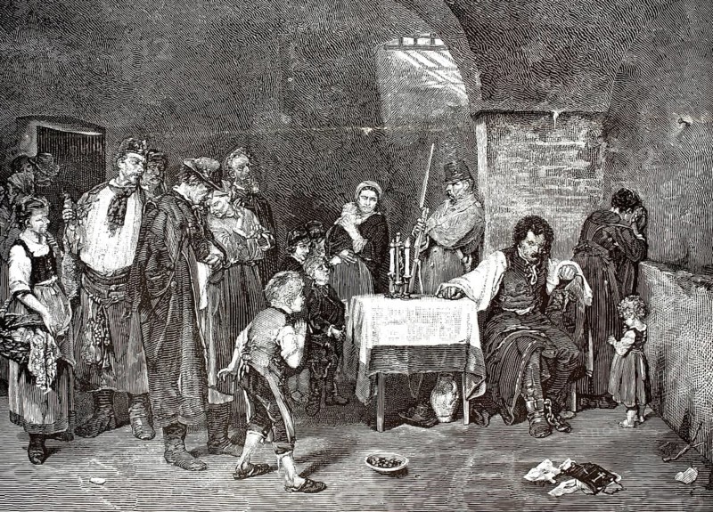 A convict's last day. The work shows the cell of a man sentenced to death the day in front of his execution. According to the custom of the time, relatives, friends and curious citizens were allowed to visit the convicted person one last time to say their goodbyes or be deterred, around 1870, Hungary, illustration, reproduction from a 19th-century model. Authentic, file restored for optimal use, exact date of submission unknown, historical