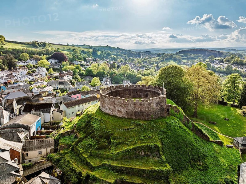 Totnes Castle from a drone, Totnes, River Dart, Devon, England, United Kingdom