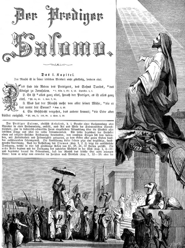 Cover of the chapter The Preacher Solomon, Solomon, Happiness, Man, Earthly Wisdom, Vanity, Ray of Light, Kneeling, Sky, Palace, King, Entourage, Crowd, People, Servant, Priest, Guardian, Old Testament, Bible, Historical Illustration 1877