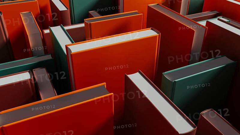Bright books stand out among darker volumes, inviting exploration and learning in a unique library setting at twilight