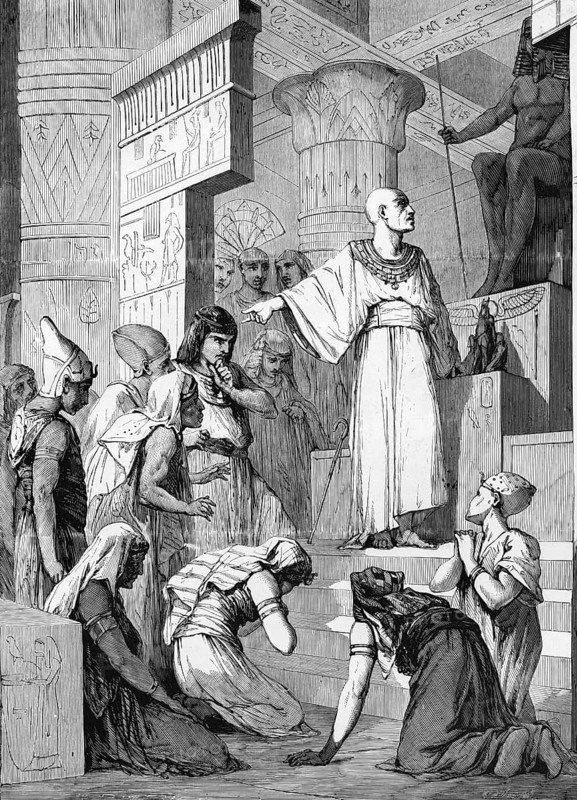 Bible, Old Testament, Egyptians interrogate their idols, idolatry, idols, gods, idolatry, oracle, fortune telling, sorcery, magician, summoner, fortune teller, priest, temple, paganism, superstition, prophecy, revelation, prophecy, Isaiah, judgment of God, idolatry, pagan cult, religion, antiquity, Lower Cia, hieroglyphics, Egypt, reverence, historical illustration around 1850