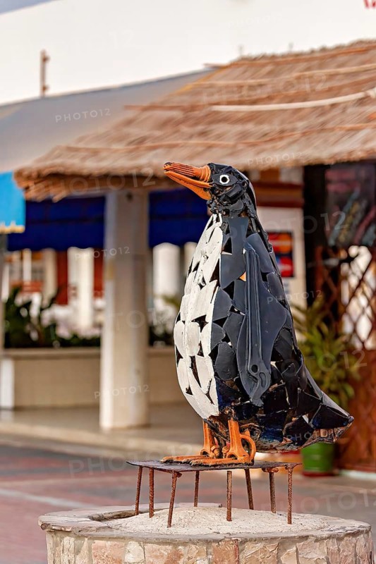 Close-up view of a metallic penguin sculpture against an urban background, statue on the beach promenade of Paracas in Peru