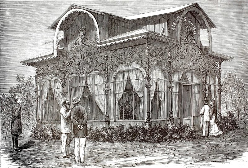 Paris World's Fair in 1878, pavilion of the Viennese furniture manufacturer Jacob & Josef Kohn, The filigree, intricately decorated pavilion was used by the well-known furniture company to present its world-famous, elegant bentwood furniture from Austria to an international audience, illustration, reproduction from a model from the 19th century. Authentic, file restored for optimal use, exact date of submission unknown, historical