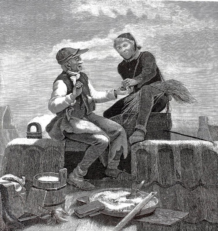 Illustration shows a chimney sweep and a mason taking a break from work on a roof. The mason offers the chimney sweep a pinch of snuff from his can. In the foreground, the typical tools of the two professions are depicted in detail, including a mason's pan with mortar, a trowel, scraping boards as well as a bucket, brush and a chimney sweep broom, illustration, reproduction of a model from the 19th century. Authentic, file restored for optimal use, exact date of submission unknown, historical