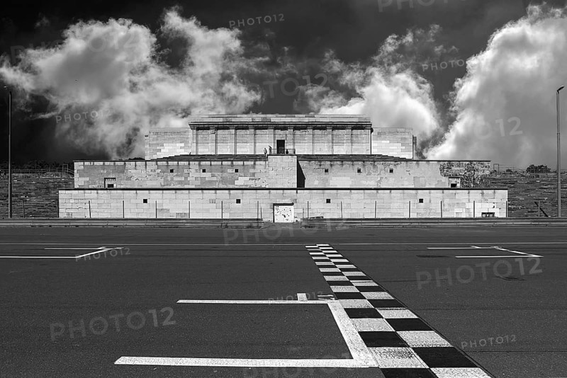 Zeppelin main stand, former National Socialist staging ground on the Reich Party Rally grounds, cloudy sky, black and white, Nuremberg, Middle Franconia, Bavaria, Germany