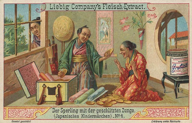 Picture series The sparrow with the slit tongue, Japanese fairy tale, The picture shows the moment when the greedy neighbour (or the woman, depending on the version) drags the large, heavy chest home in the hope of even greater riches. In the fairy tale, however, the large chest contains goblins and snakes as punishment for greed, Liebig picture, digitally restored reproduction of a collector's picture from around 1900, exact date unknown
