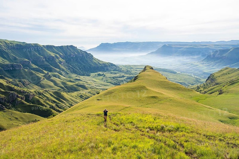 Female hiker on the hiking trail to Cathedral Peak, Green Mountains and Hills, Drakensberg Mountains, KwaZulu-Natal, South Africa