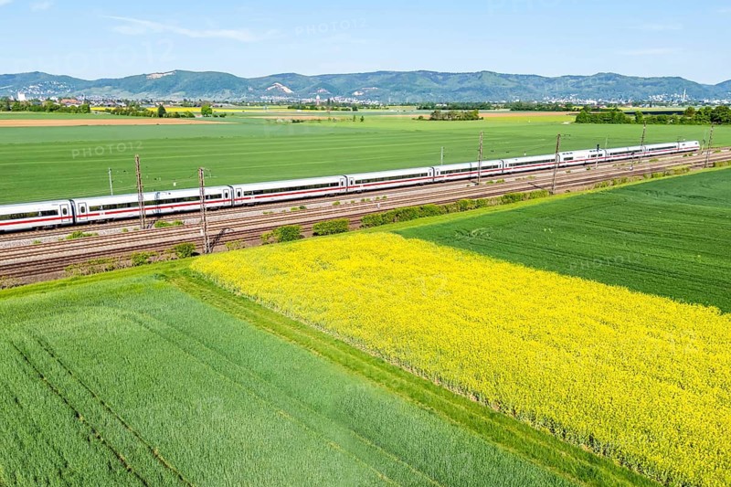 Aerial view of the ICE 1 high-speed train operated by Deutsche Bahn DB on the Mannheim—Heidelberg railway in Edingen, Germany