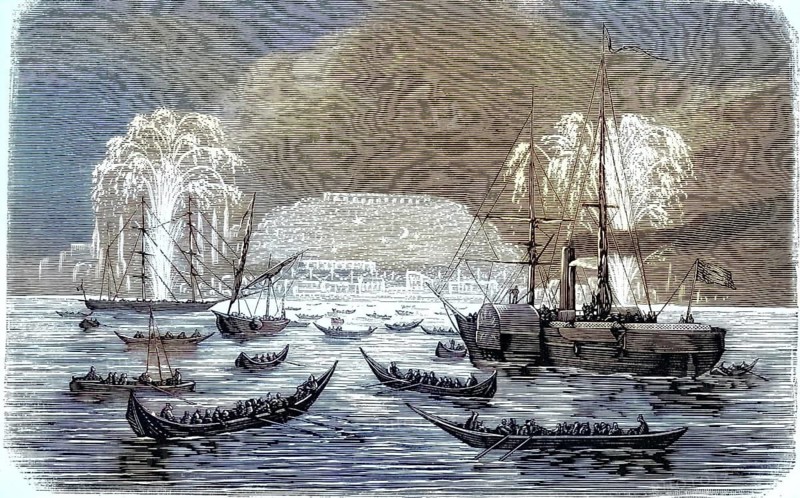 Illuminations and fireworks in the port of Constantinople, Istanbul, in honor of the visit of the French Empress Eugénie in October 1869, illustration, reproduction from a 19th-century model. Authentic, file restored for optimal use, exact date of original unknown, historical, nostalgically colored