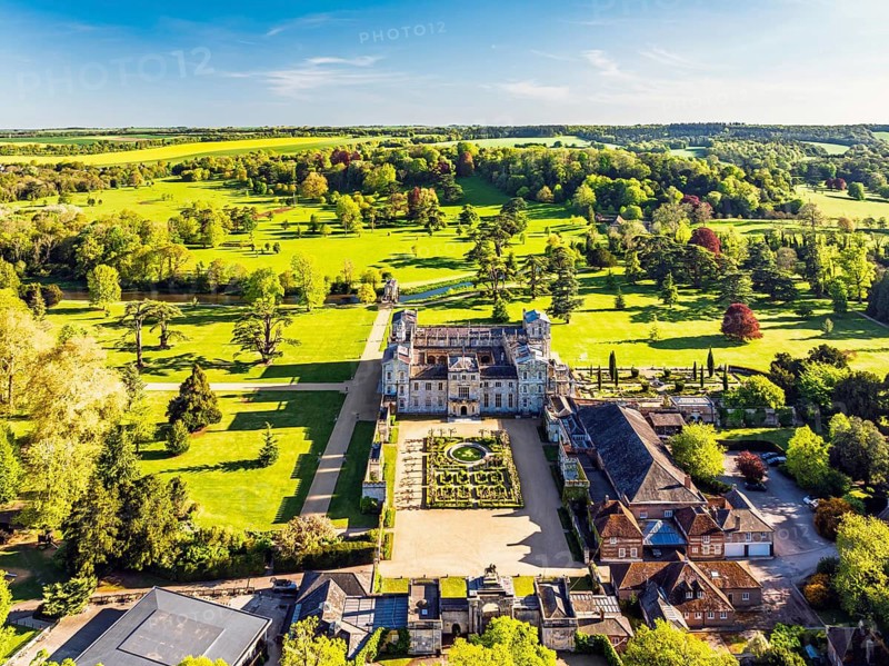 Wilton House from a drone, Wilton, River Nadder, Salisbury, Wiltshire, England, United Kingdom