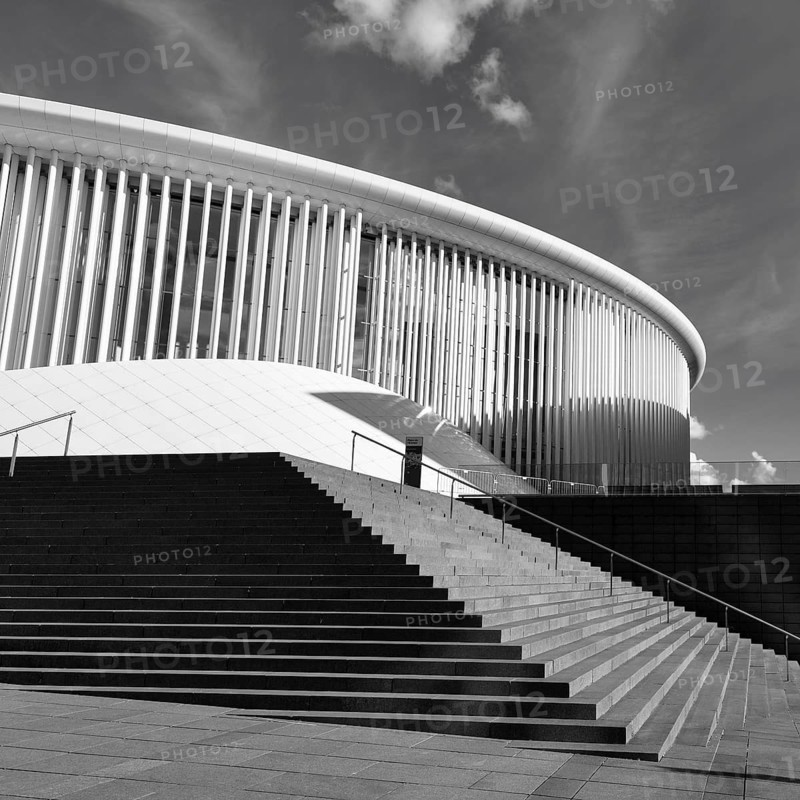 Staircase, white Philharmonic Luxembourg, monochrome, architect Christian de Portzamparc, modern architecture, Place de l'Europe, Europaplatz, Kirchberg Plateau European Quarter, Luxembourg