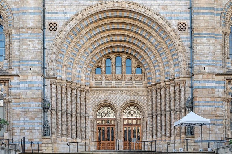 Entrance, Natural History Museum or Natural History Museum façade, built in 1860 in Romanesque-Byzantine style, South-Kensington, London, England, Great Britain